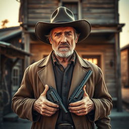 A rugged village gunman standing confidently in front of an old, rustic wooden building