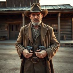 A rugged village gunman standing confidently in front of an old, rustic wooden building