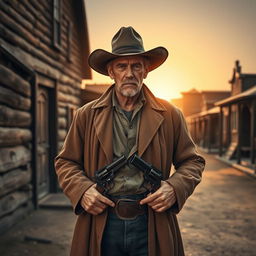 A rugged village gunman standing confidently in front of an old, rustic wooden building