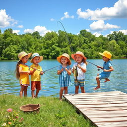 A nostalgic scene depicting a group of happy children fishing together at a beautiful lake during a sunny day