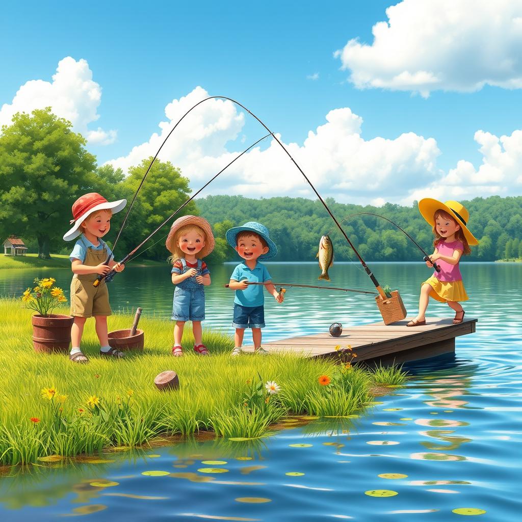 A nostalgic scene depicting a group of happy children fishing together at a beautiful lake during a sunny day