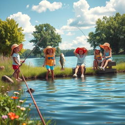 A nostalgic scene depicting a group of happy children fishing together at a beautiful lake during a sunny day