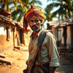 A rugged village Indian gunman standing confidently in a dusty, sunlit street, wearing traditional attire with a colorful turban and a leather shoulder holster