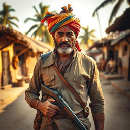 A rugged village Indian gunman standing confidently in a dusty, sunlit street, wearing traditional attire with a colorful turban and a leather shoulder holster