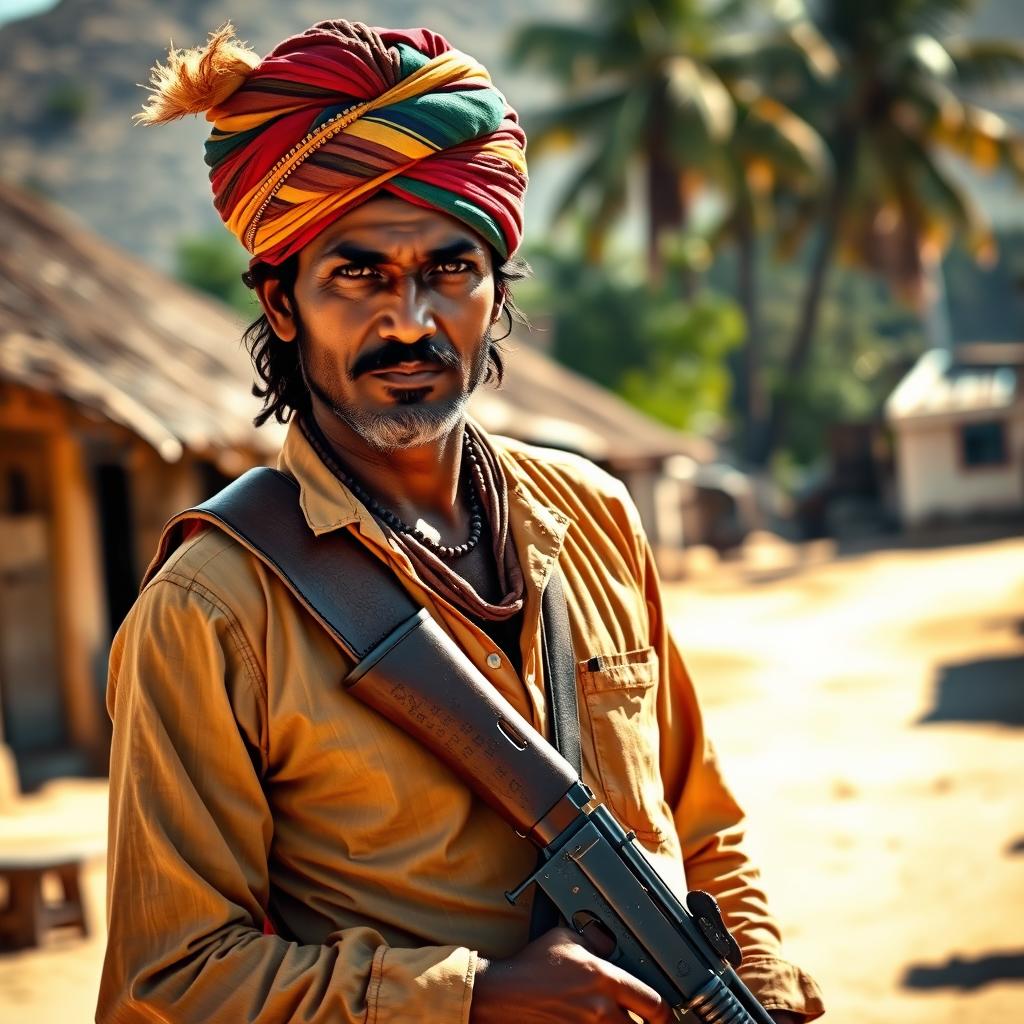 A rugged village Indian gunman standing confidently in a dusty, sunlit street, wearing traditional attire with a colorful turban and a leather shoulder holster