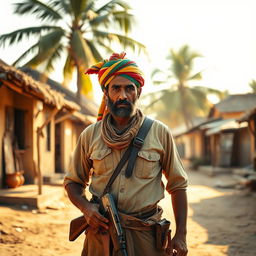 A rugged village Indian gunman standing confidently in a dusty, sunlit street, wearing traditional attire with a colorful turban and a leather shoulder holster
