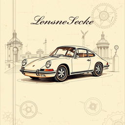 A stunning book cover design featuring a classic Porsche 911, illustrated in the intricate, detailed style reminiscent of Leonardo da Vinci's sketches