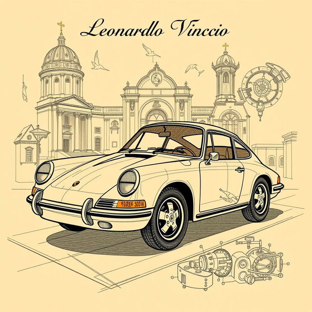 A visually striking book cover design featuring a classic Porsche 911 car illustrated in the intricate style of Leonardo da Vinci