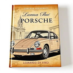 A visually striking book cover design featuring a classic Porsche 911 car illustrated in the intricate style of Leonardo da Vinci