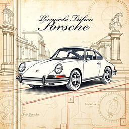 A stunning book cover design featuring a classic Porsche 911, illustrated in the intricate, detailed style reminiscent of Leonardo da Vinci's sketches