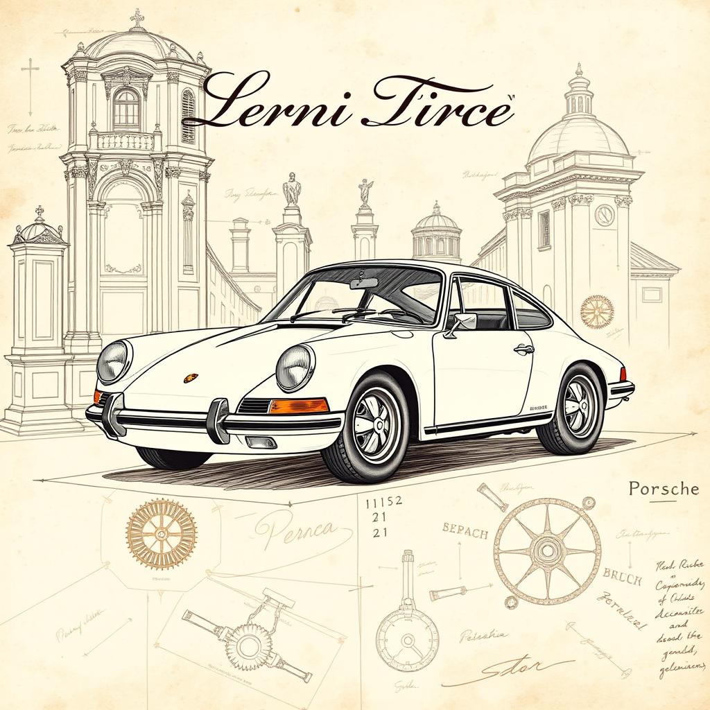 A stunning book cover design featuring a classic Porsche 911, illustrated in the intricate, detailed style reminiscent of Leonardo da Vinci's sketches