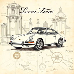 A stunning book cover design featuring a classic Porsche 911, illustrated in the intricate, detailed style reminiscent of Leonardo da Vinci's sketches