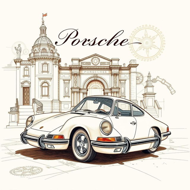 A stunning book cover design featuring a classic Porsche 911, illustrated in the intricate, detailed style reminiscent of Leonardo da Vinci's sketches