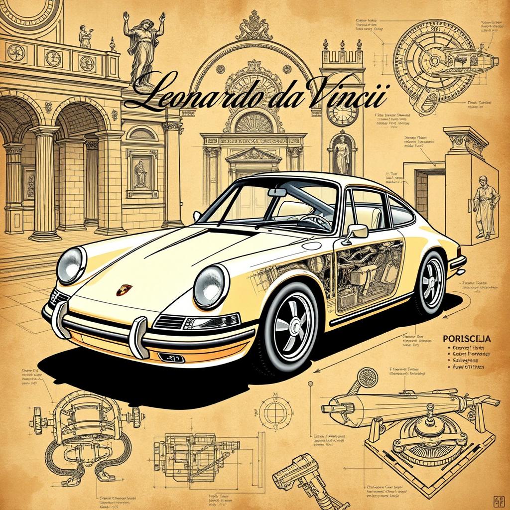 A visually striking book cover design featuring a classic Porsche 911 car illustrated in the intricate style of Leonardo da Vinci