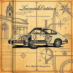 A visually striking book cover design featuring a classic Porsche 911 car illustrated in the intricate style of Leonardo da Vinci