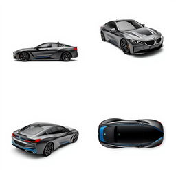 A series of four images featuring a sleek, totally black BMW i7 placed on a completely white background
