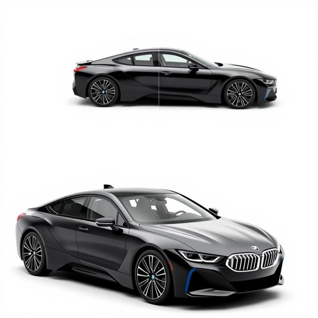 A series of four images featuring a sleek, totally black BMW i7 placed on a completely white background