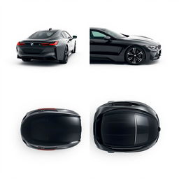 A series of four images featuring a sleek, totally black BMW i7 placed on a completely white background