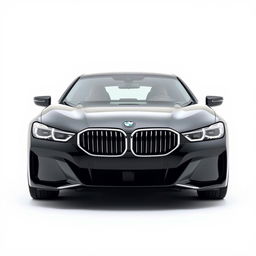 A stunning image of a sleek, totally black BMW i7 positioned frontally against a completely white background