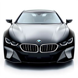A stunning image of a sleek, totally black BMW i7 positioned frontally against a completely white background