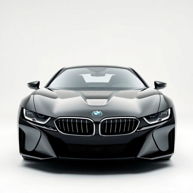 A stunning image of a sleek, totally black BMW i7 positioned frontally against a completely white background