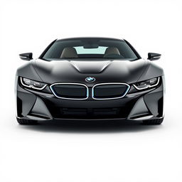 A stunning image of a sleek, totally black BMW i7 positioned frontally against a completely white background