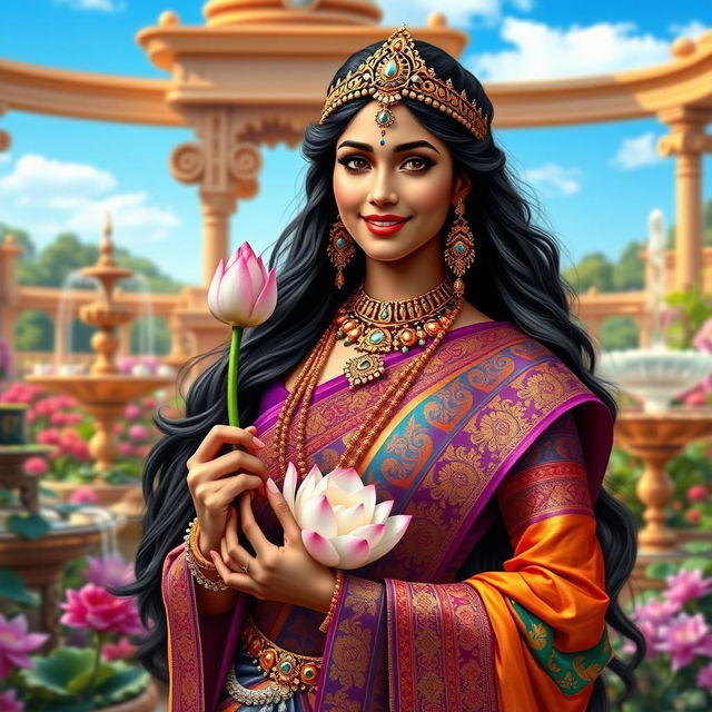 A beautiful Indian princess from mythology, adorned in a stunning traditional attire that features vibrant colors and intricate patterns