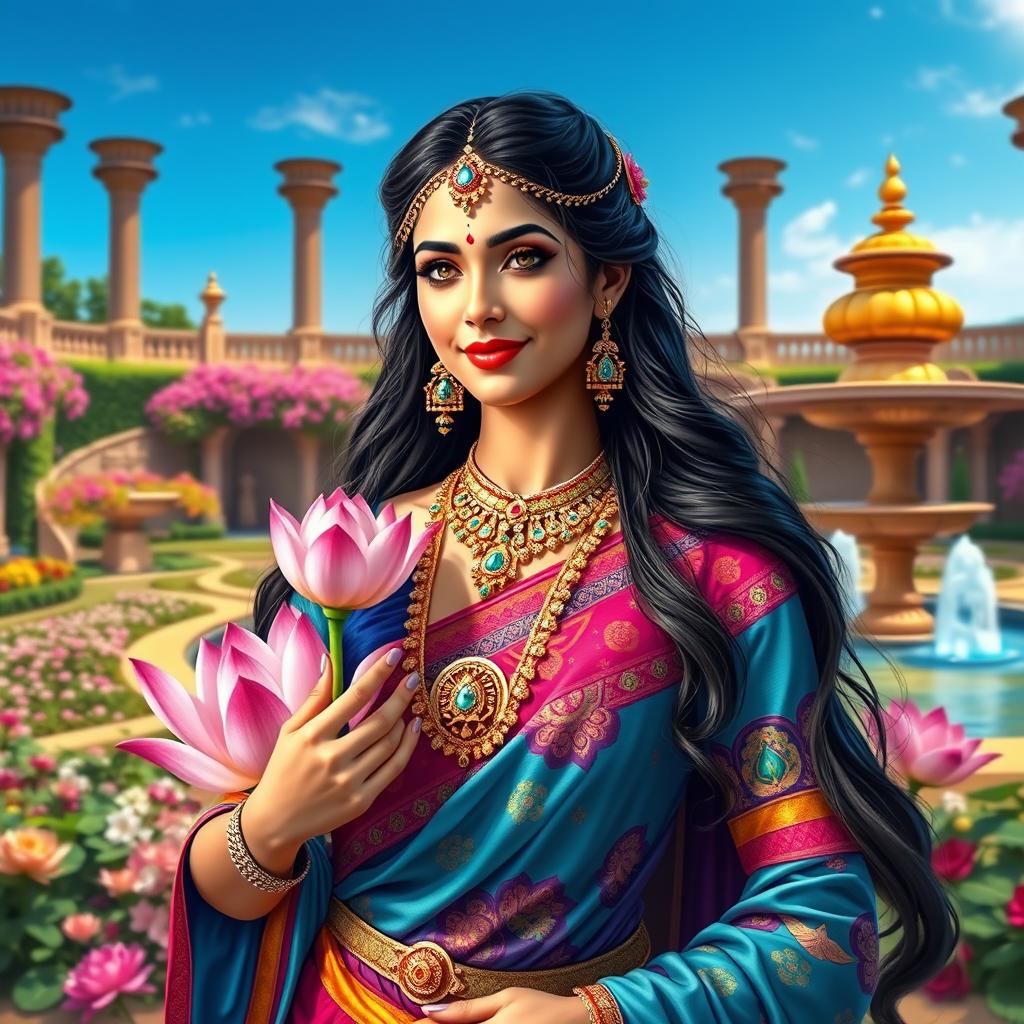 A beautiful Indian princess from mythology, adorned in a stunning traditional attire that features vibrant colors and intricate patterns