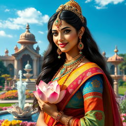 A beautiful Indian princess from mythology, adorned in a stunning traditional attire that features vibrant colors and intricate patterns
