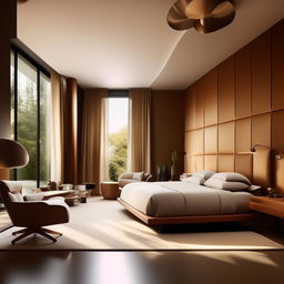 Design a modern room of dimension 12ft by 15ft, filled with contemporary furniture, clean lines, and sleek, subtle sophistication.