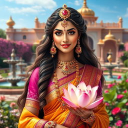 A beautiful Indian princess from mythology, adorned in a stunning traditional attire that features vibrant colors and intricate patterns