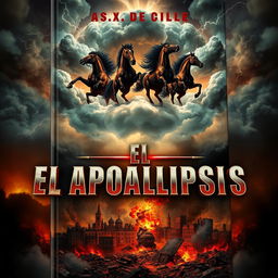 A captivating book cover design for "El Apocalipsis" showcasing the Four Horsemen of the Apocalypse in the clouds above a world in destruction