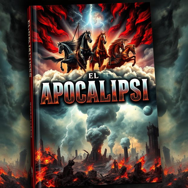 A captivating book cover design for "El Apocalipsis" showcasing the Four Horsemen of the Apocalypse in the clouds above a world in destruction