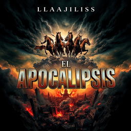A captivating book cover design for "El Apocalipsis" showcasing the Four Horsemen of the Apocalypse in the clouds above a world in destruction