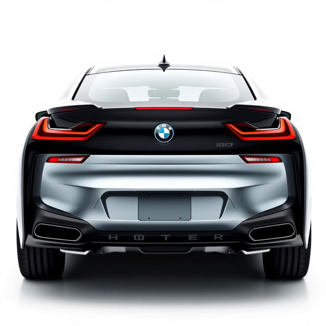 A captivating image of a totally black BMW i7 showcased from a rear view against a completely white background