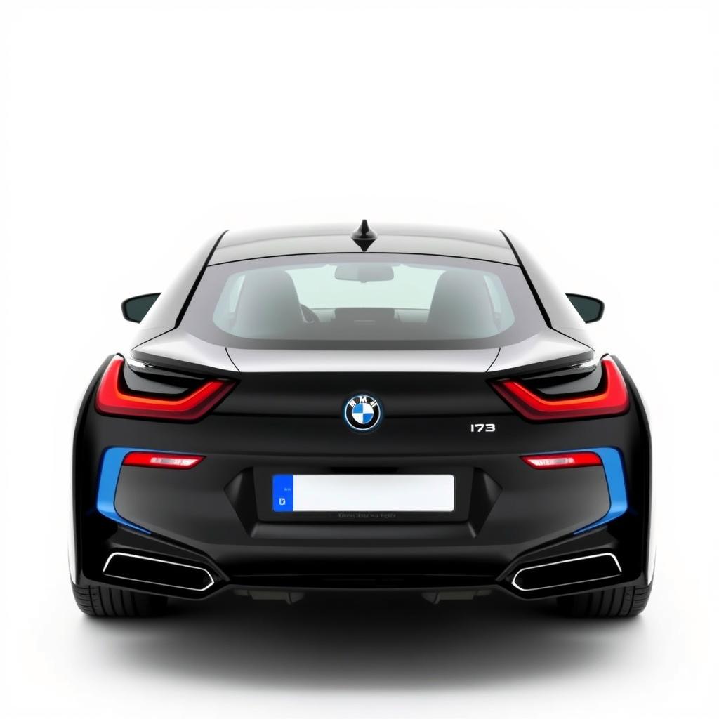 A captivating image of a totally black BMW i7 showcased from a rear view against a completely white background