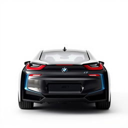 A captivating image of a totally black BMW i7 showcased from a rear view against a completely white background