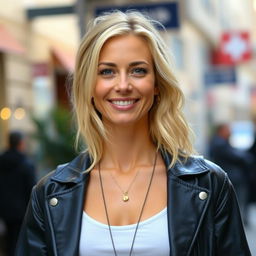 A 35-year-old woman with light blonde hair, showcasing European features, dressed in stylish contemporary clothing