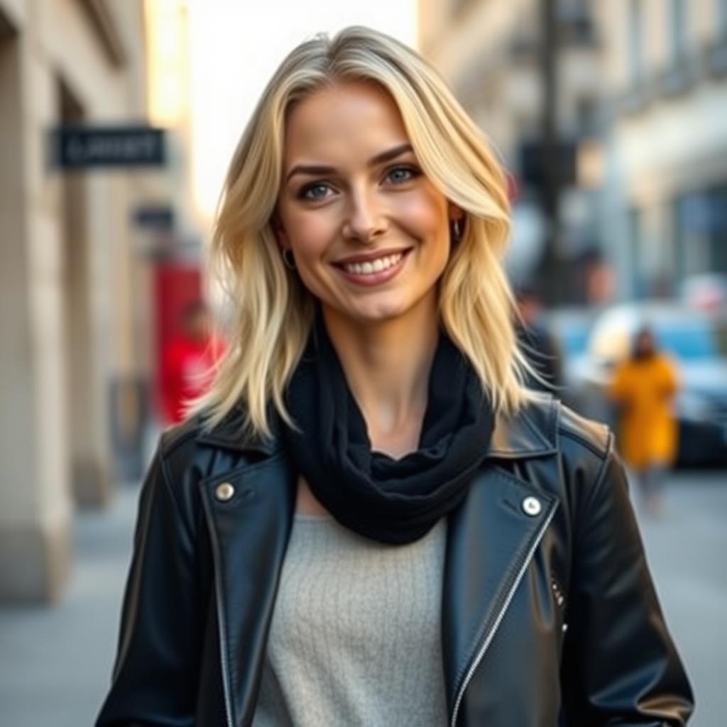 A 35-year-old woman with light blonde hair, showcasing European features, dressed in stylish contemporary clothing