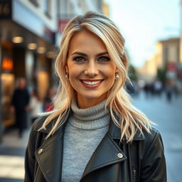 A 35-year-old woman with light blonde hair, showcasing European features, dressed in stylish contemporary clothing
