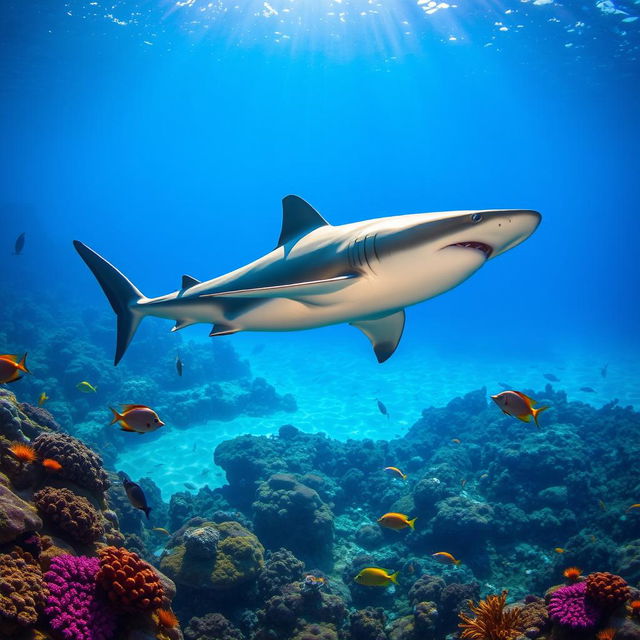 A vibrant underwater scene showcasing a majestic shark swimming gracefully on the left side