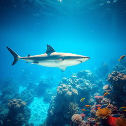 A vibrant underwater scene showcasing a majestic shark swimming gracefully on the left side