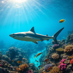 A vibrant underwater scene showcasing a majestic shark swimming gracefully on the left side