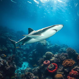 A vibrant underwater scene showcasing a majestic shark swimming gracefully on the left side