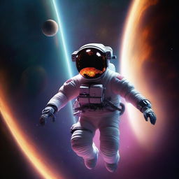 An astronaut drifting in the deep space, with a vibrant, mysterious exoplanet looming in the background.