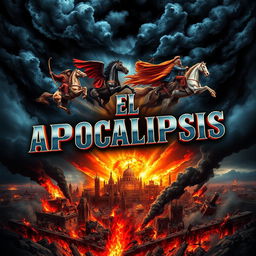 An intense book cover design for "El Apocalipsis" that vividly depicts the Four Horsemen of the Apocalypse riding through dark, ominous clouds