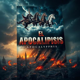 An intense book cover design for "El Apocalipsis" that vividly depicts the Four Horsemen of the Apocalypse riding through dark, ominous clouds