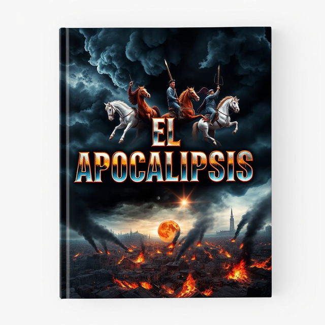 An intense book cover design for "El Apocalipsis" that vividly depicts the Four Horsemen of the Apocalypse riding through dark, ominous clouds