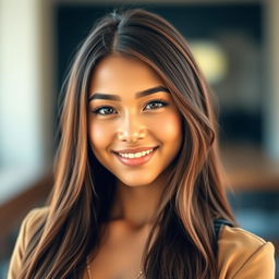 A stunning young woman with long flowing hair, wearing a stylish outfit, confidently posing for a profile picture
