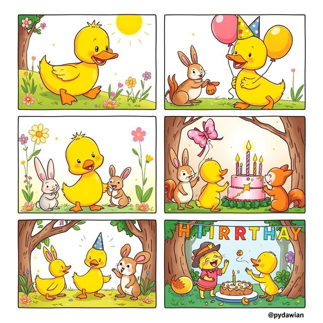 A colorful comic strip depicting a cheerful yellow duckling celebrating its birthday